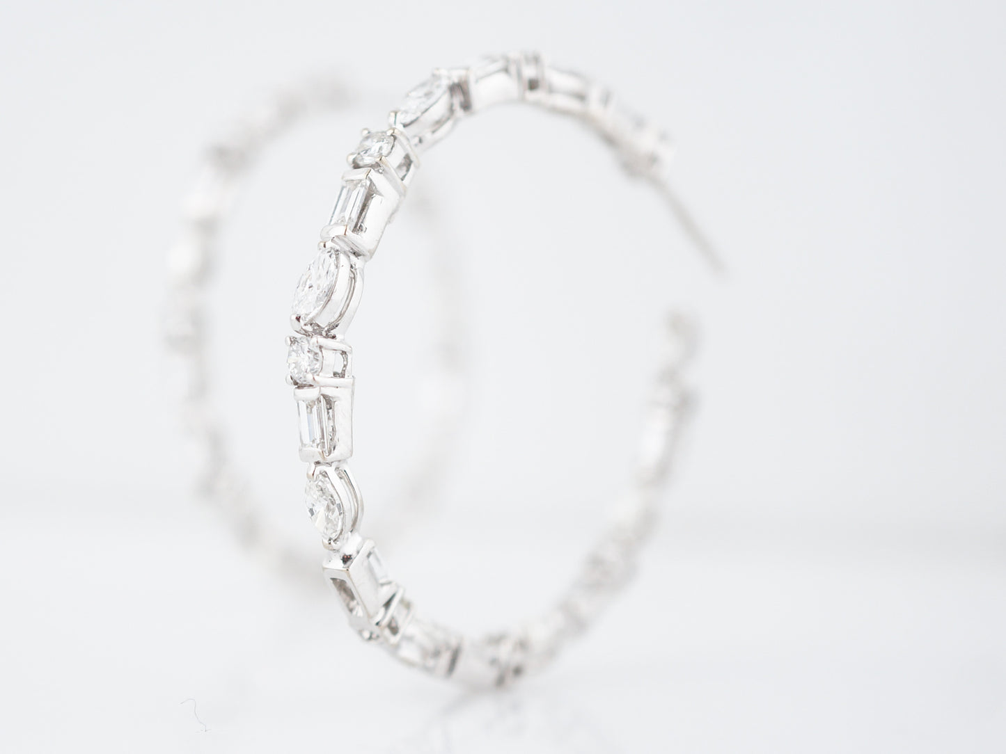 ***RTV***Hoop Earrings Modern 4.95 Marquise, Round & Baguette Cut Diamonds in 18K White Gold