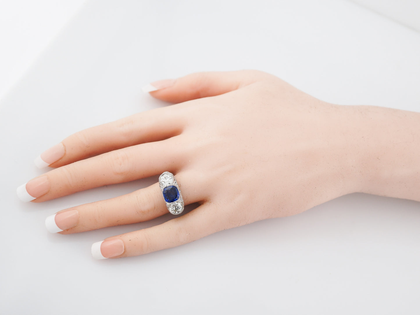 Antique Right Hand Ring Tiffany & Co Art Deco 2.16 Cushion Cut Sapphire & 1.94 old European Cut Diamonds in Platinum