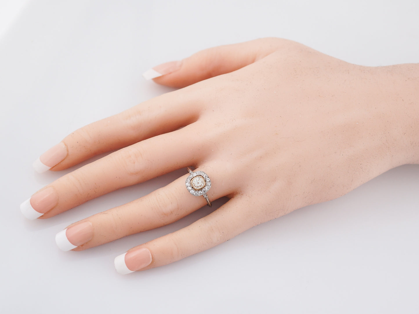 Engagement Ring Modern .72 Old Mine Cushion Cut Diamond in Platinum & 14k Rose Gold