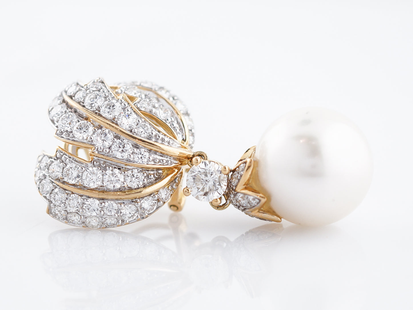 Earrings Modern South Sea Pearls & 8.20 Round Brilliant Cut Diamonds in 18K Yellow and White Gold