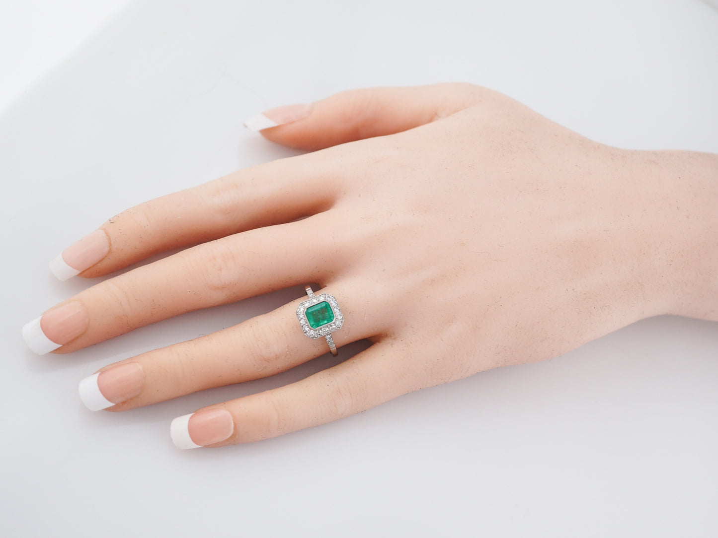 ***RTV***Right Hand Ring Modern .76 Emerald Cut Emerald in Platinum