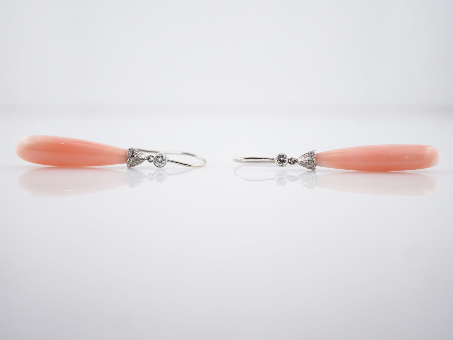 Antique Earrings Art Deco Cabochon Cut Angel Skin Coral & .22 Round Brilliant Cut Diamonds in 18K White Gold