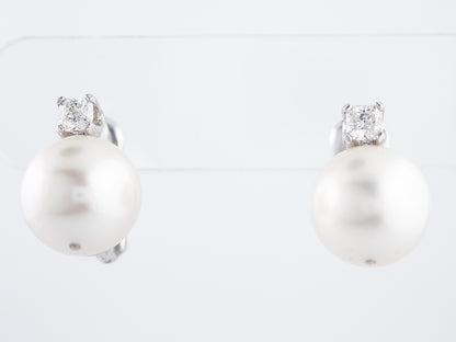 **RTV1/10/19**Earrings Modern Pearl & .64 Radiant Square Cut Diamonds in Platinum
