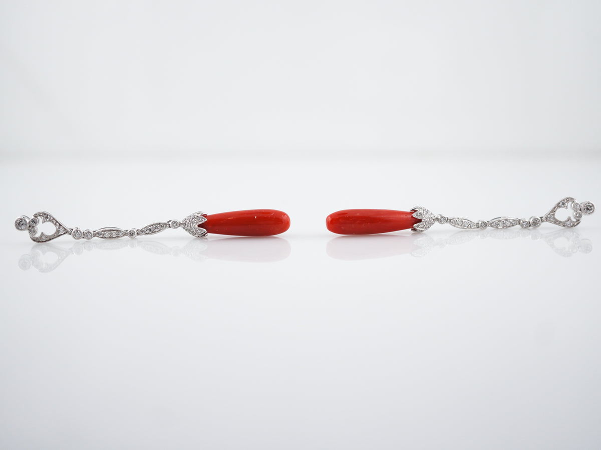 Earrings Modern 1.04 Round Brilliant Cut Diamonds & Coral in Platinum