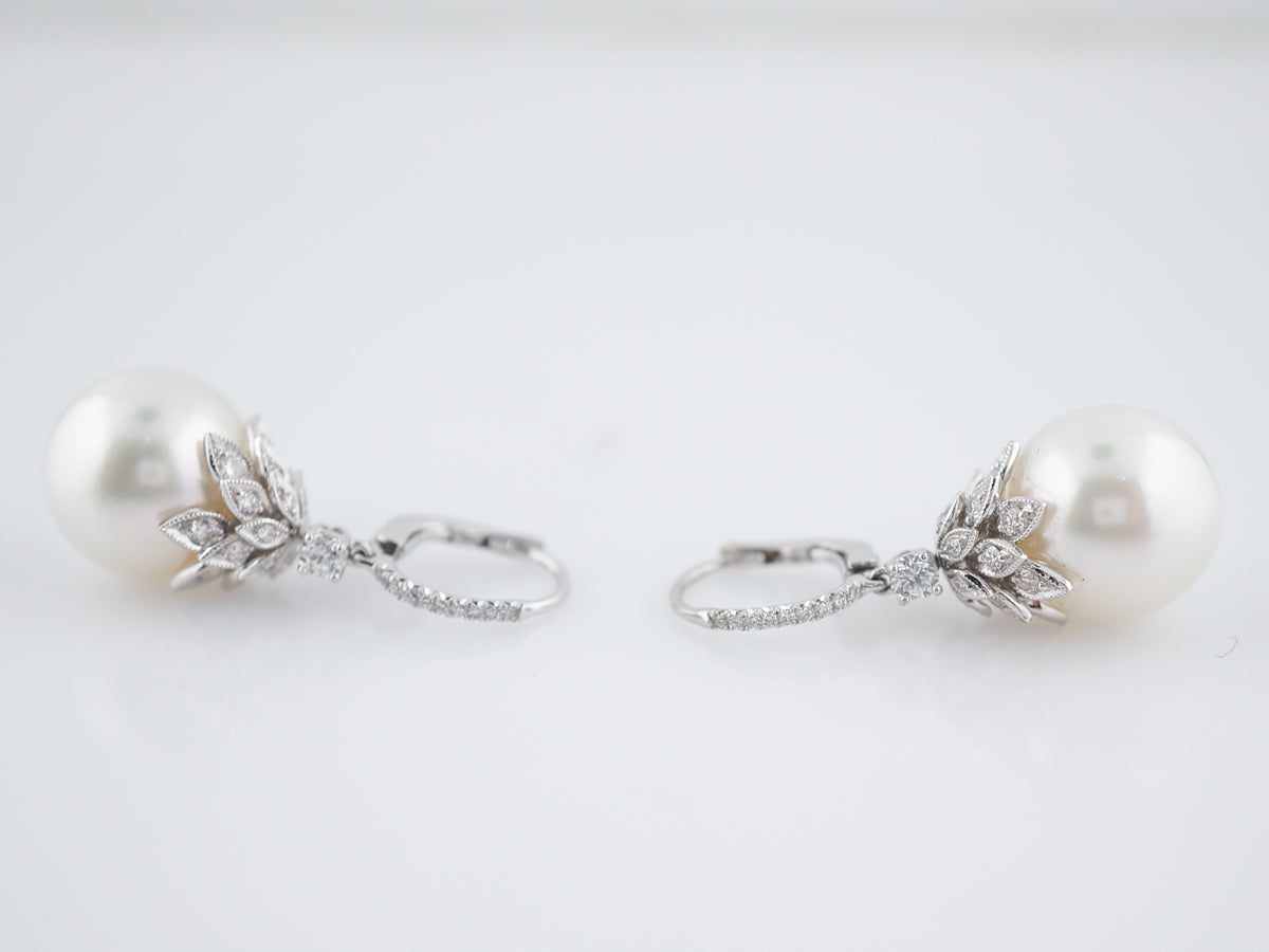 Earrings Modern Pearl & 1.34 Round Brilliant Cut Diamonds in Platinum