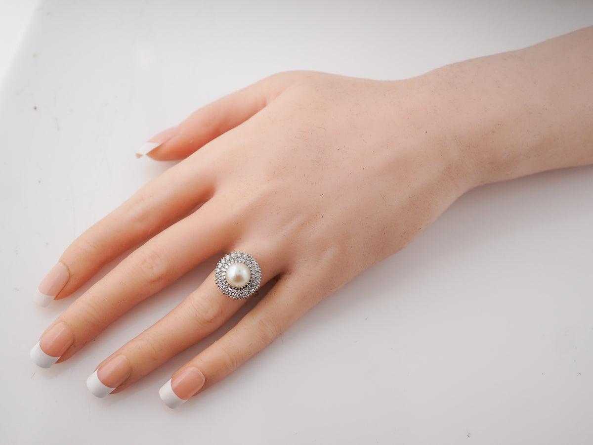 **RTV 1/9/19**Vintage Cocktail Ring Mid-Century Pearl & .91 Single Cut Diamonds in 18k White Gold
