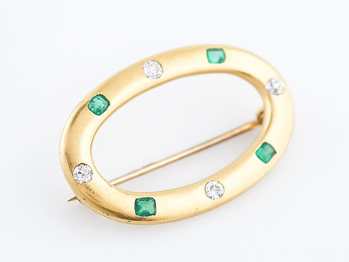 Antique Brooch Art Nouveau .24 Old European Cut Diamond & .24 Emerald Cut Emerald in 14k Yellow Gold