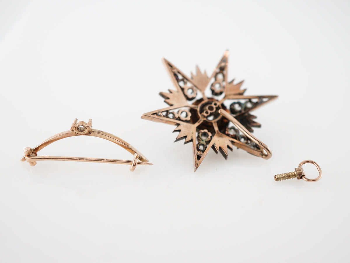 Antique Pendant Victorian Starburst 3.50 Old Mine Cut Diamonds in 14k Yellow Gold & Sterling Silver