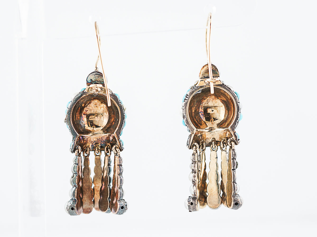 Antique Earrings Victorian Cabochon Cut Turquoise & Pearls in 14/15K Yellow Gold