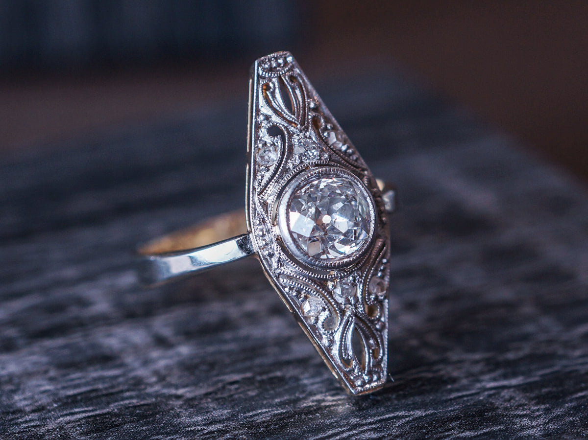 Antique Diamond Navette Ring in White & Yellow Gold