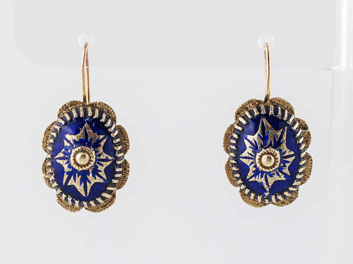 Antique Earrings Victorian Blue Enamel in 14k Yellow Gold