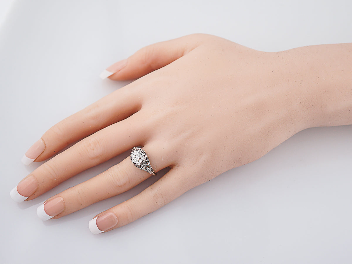 Antique Engagement Ring Art Deco .78ct Old European Cut Diamond in 18k White Gold