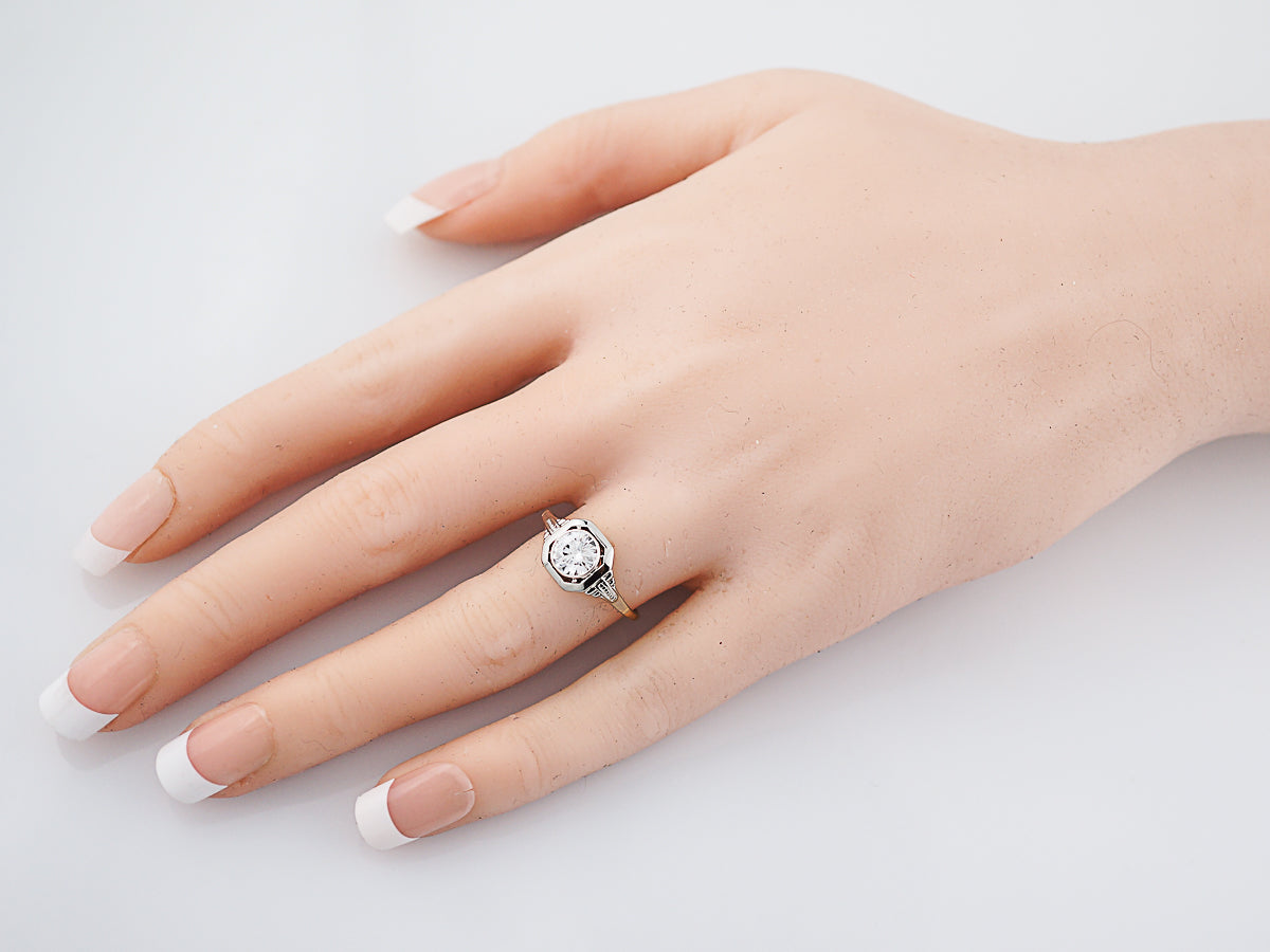 Antique Engagement Ring Art Deco .79 Round Brilliant Cut Diamond in 14k Yellow & White Gold