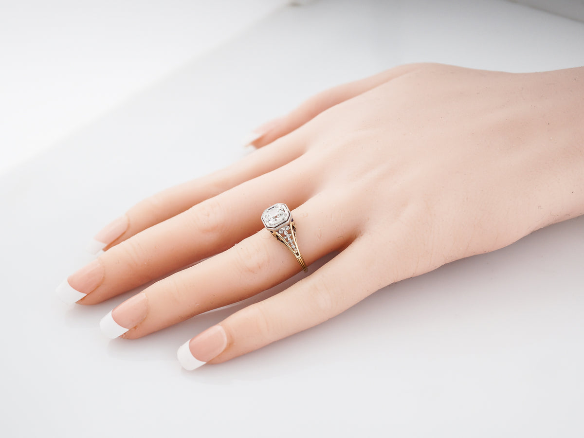 Antique Engagement Ring Art Deco .80 Old Mine Cut in 14k Yellow Gold & Platinum