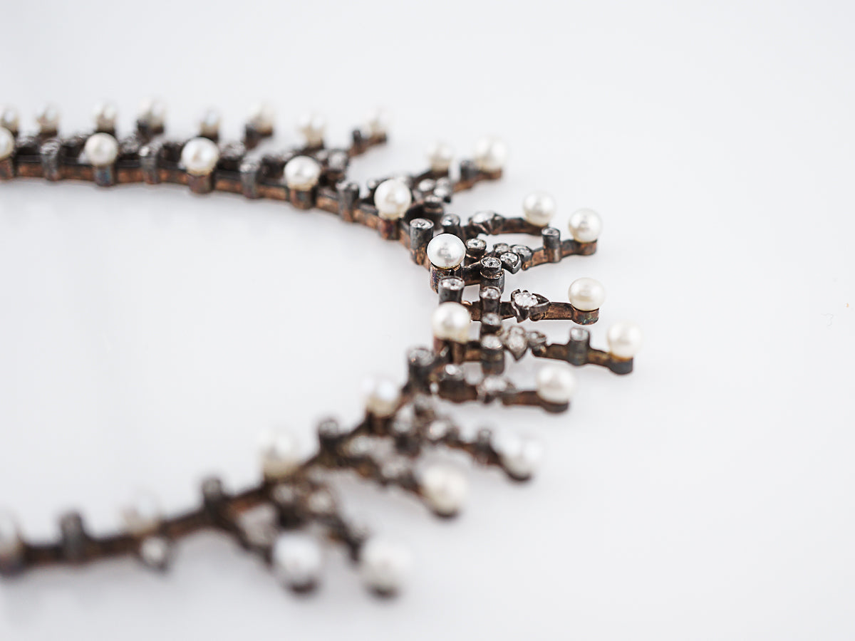 Antique Necklace Victorian 2.28 Single Cut Diamonds & Pearl in Sterling Silver & 14K White Gold