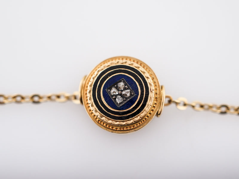 Antique Necklace Victorian Enamel Slide Pendant.08 Rose Cut Diamonds in 18k Yellow Gold