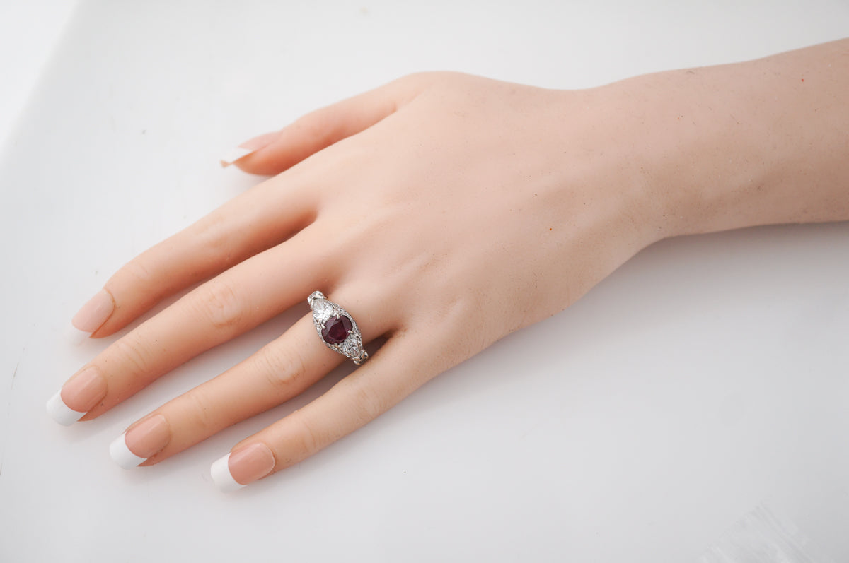***RTV11/23***Antique Right Hand Ring Art Deco 1.88 Oval Cut Ruby in Platinum