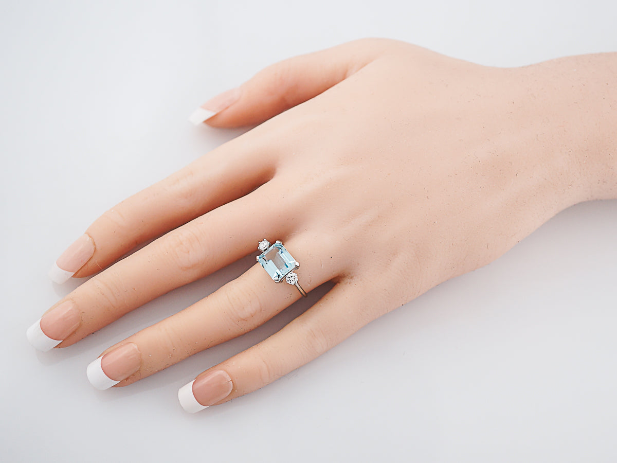 Antique Right Hand Ring Art Deco 2.71 Emerald Cut Aquamarine in Platinum