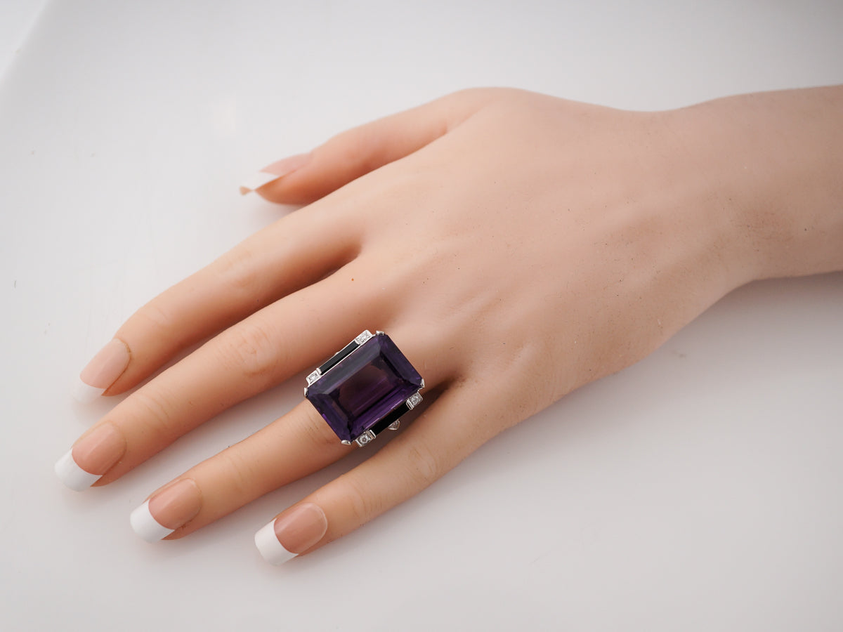 Vintage Right Hand Ring Art Deco 24.30 Emerald Cut Amethyst & Onyx in Platinum