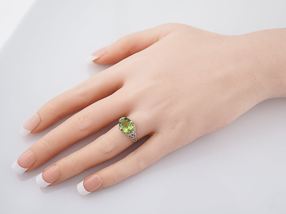 Antique Right Hand Ring Edwardian 2.20 Oval Cut Peridot in 14K White Gold