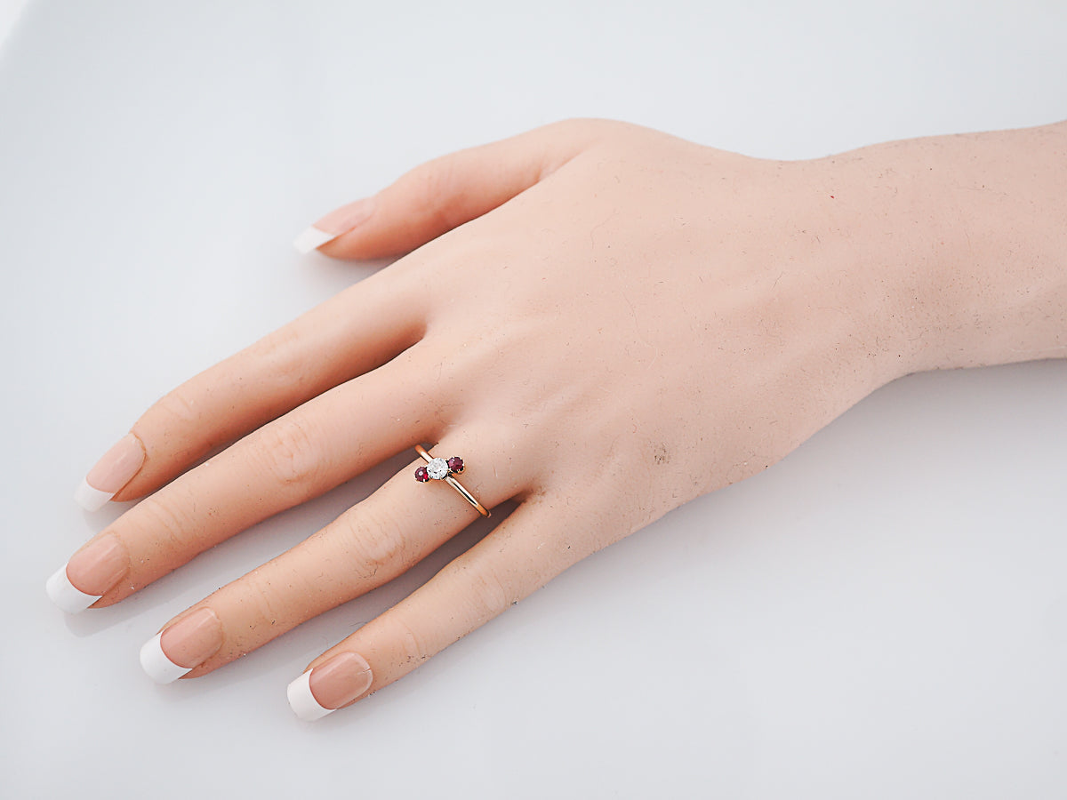 Antique Right Hand Ring Victorian .25 Old European Cut Diamond & .20 Round Cut Rubies in 14K Yellow Gold