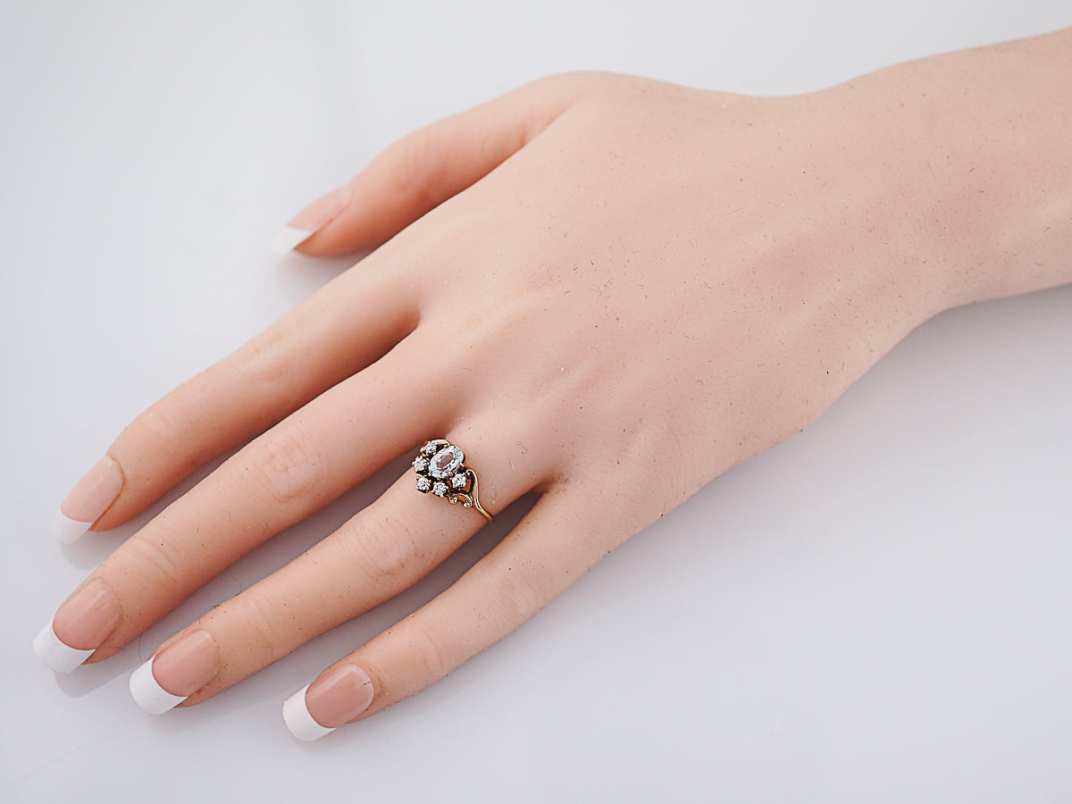 Antique Cluster Right Hand Ring Victorian .49 Oval Cut Aquamarine & Diamonds in 12-14K Rose Gold