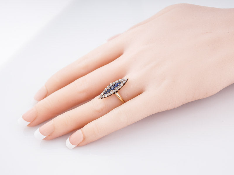 Antique Right Hand Ring Victorian .50 Round Cut Sapphire & .80 Old Mine Cut Diamonds in 14k Yellow Gold