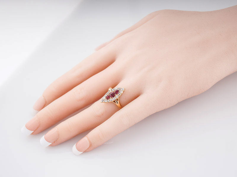Antique Right Hand Ring Victorian .53 Round Cut Ruby's & .80 Old Mine Cut Diamonds in 18k Yellow Gold