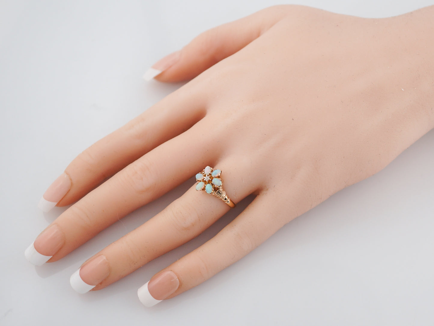 Antique Right Hand Ring Victorian Opal & Diamond in 14k Yellow Gold