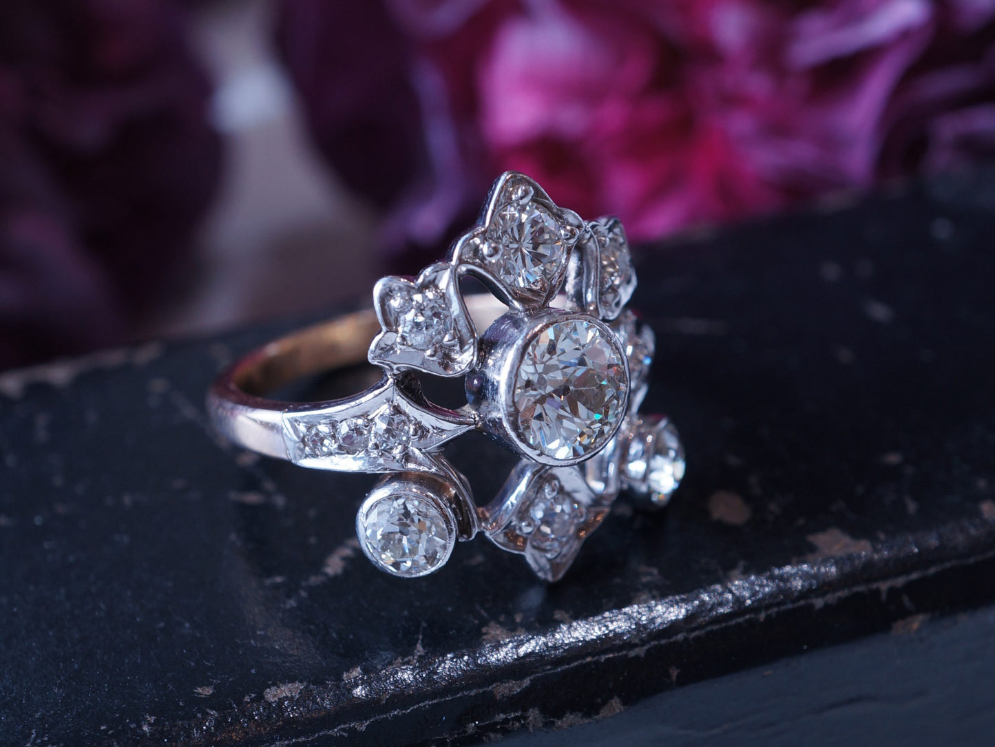 Antique Right Hand Ring Victorian .68 Old European Cut Diamond in Platinum & 14k Yellow Gold