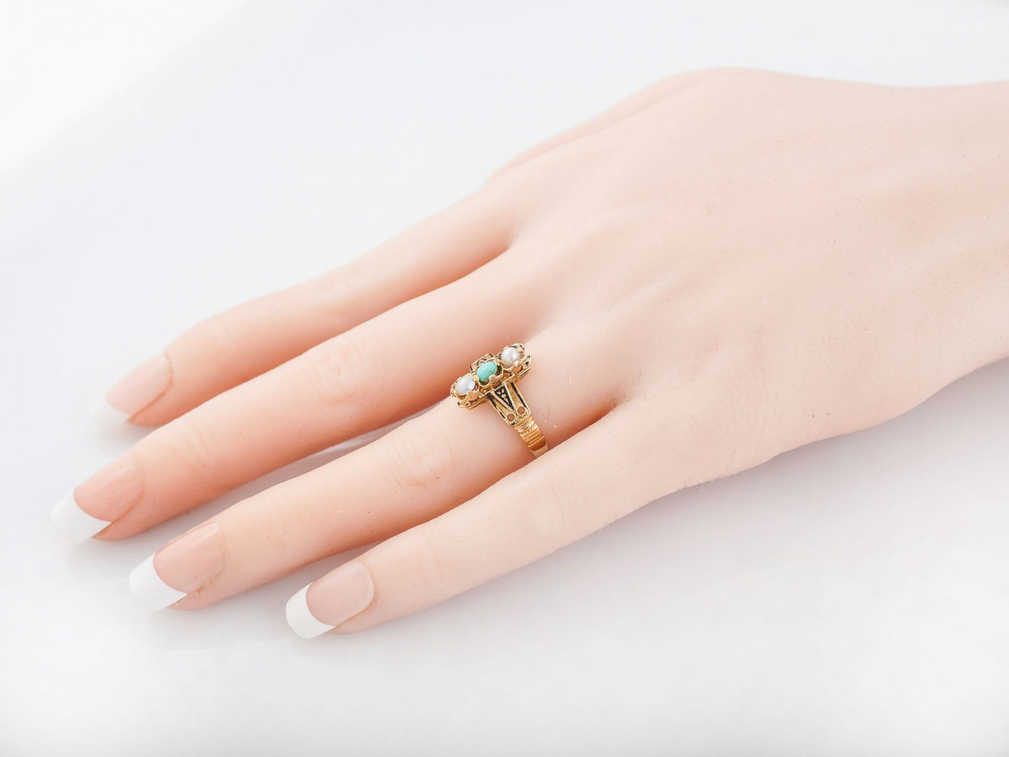 Antique Right Hand Ring Victorian Turquoise & Seed Pearls in 18k Yellow Gold