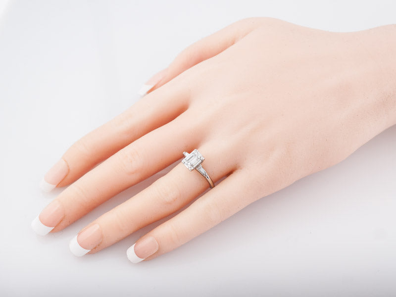 Antique Engagement Ring Art Deco .74 Emerald Cut Diamond in 14k White Gold