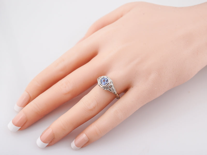 Antique Engagement Ring Art Deco .69 Round Brilliant Cut Sapphire in 14k White Gold
