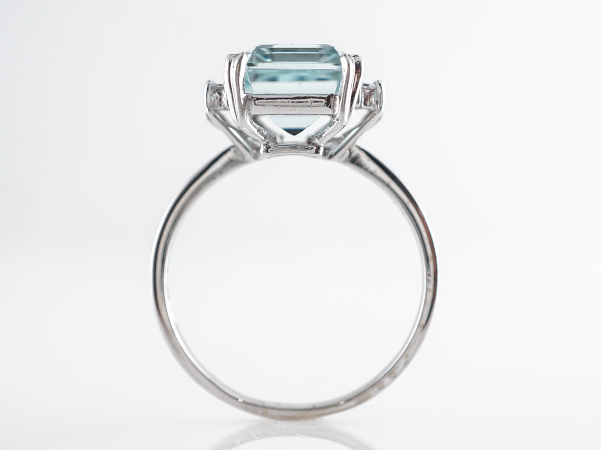 Emerald Cut Aquamarine Ring w/ Diamonds in 18K White Gold