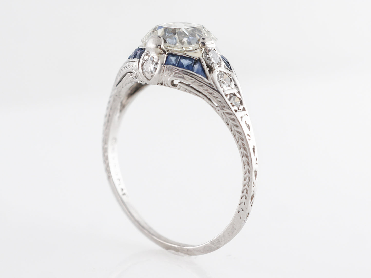 Art Deco Diamond w/ Sapphire Engagement Ring in Platinum