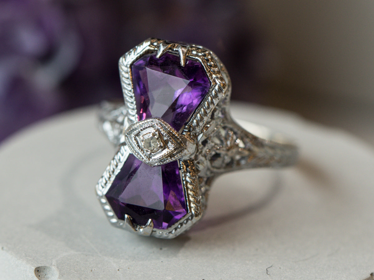 Art Deco Amethyst Cocktail Ring in 14k White Gold