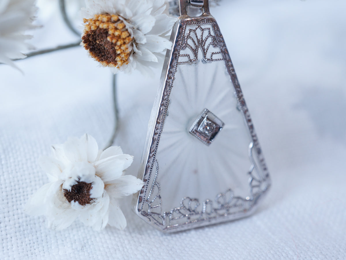 Art Deco Triangular Camphor Glass Filigree Necklace