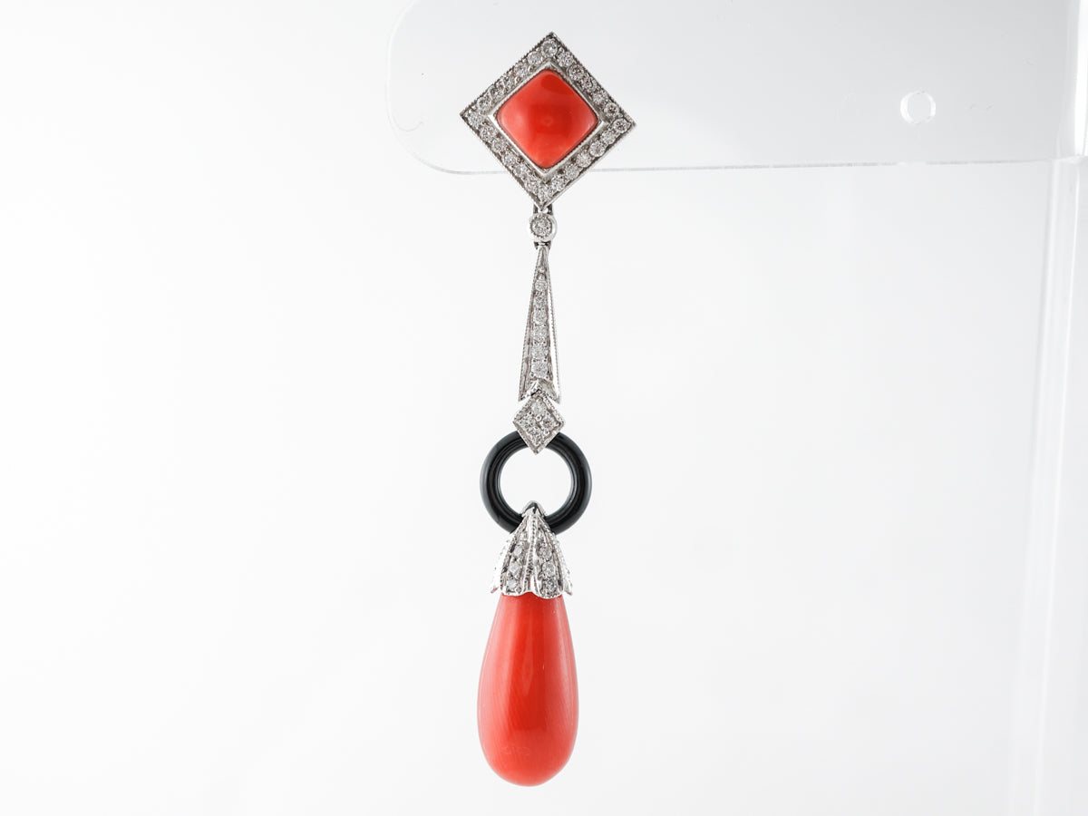 Cabochon Coral & Diamond Dangle Earrings in Platinum