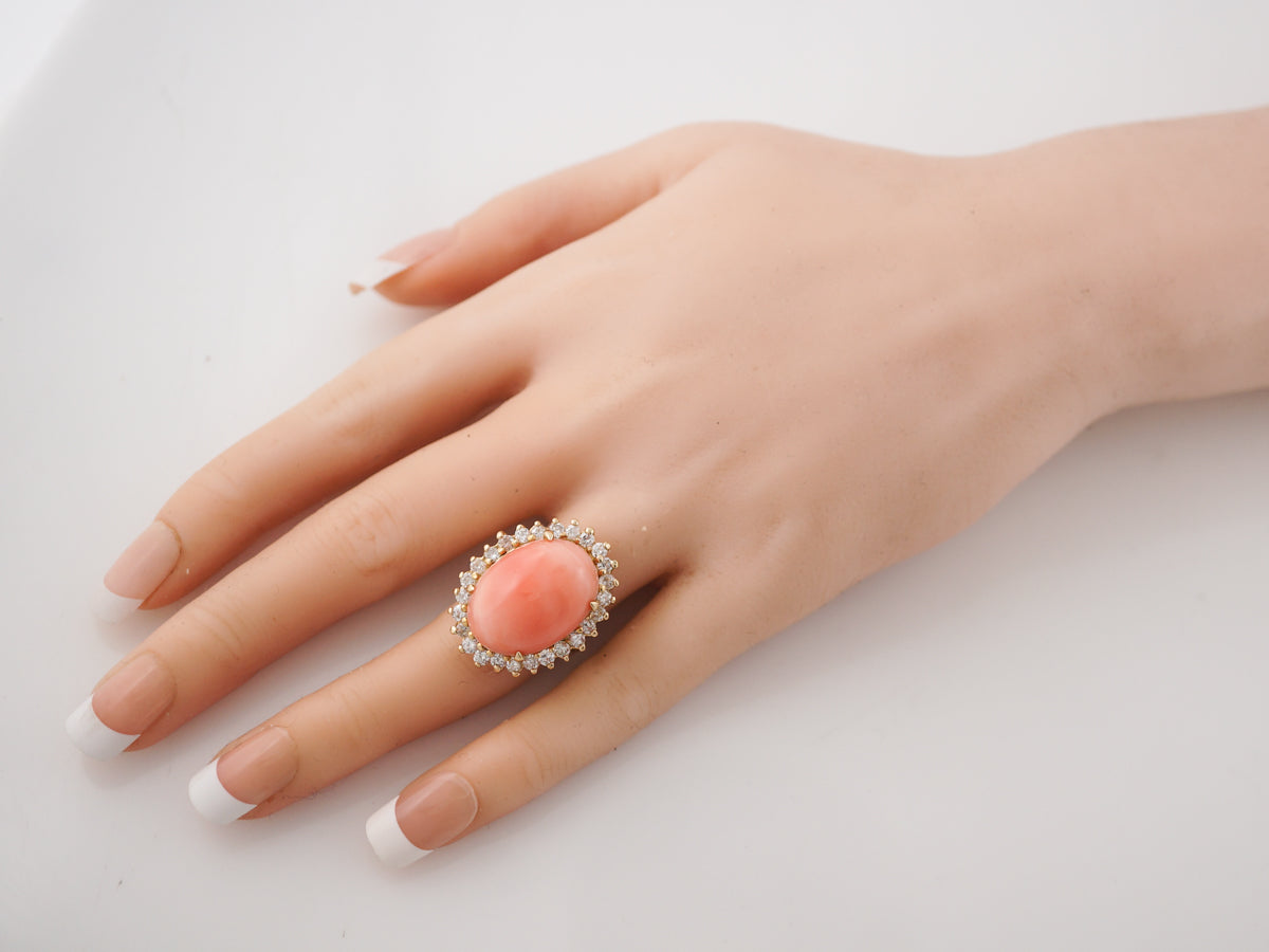 Cocktail Ring Modern 16.46 Cabochon Cut Coral in 14k Yellow Gold