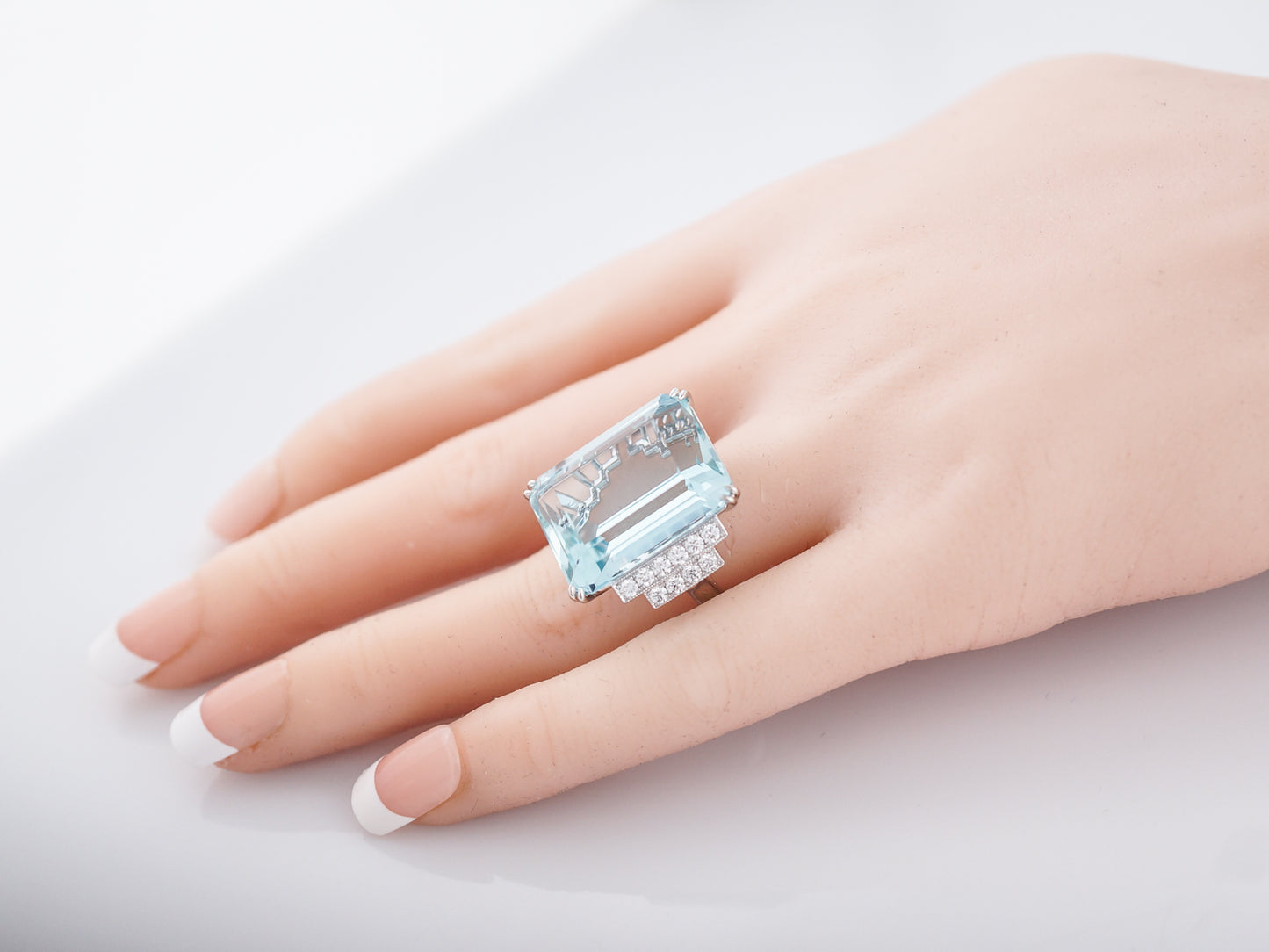 Cocktail Ring Modern 22.68 Emerald Cut Aquamarine in Platinum