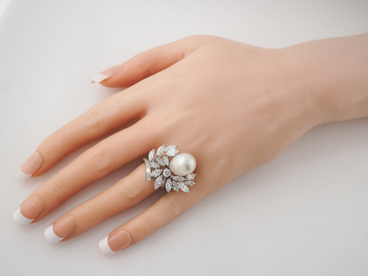 Cocktail Ring Modern Pearl & 4.50 Marquise & Baguette Cut Diamonds in Platinum