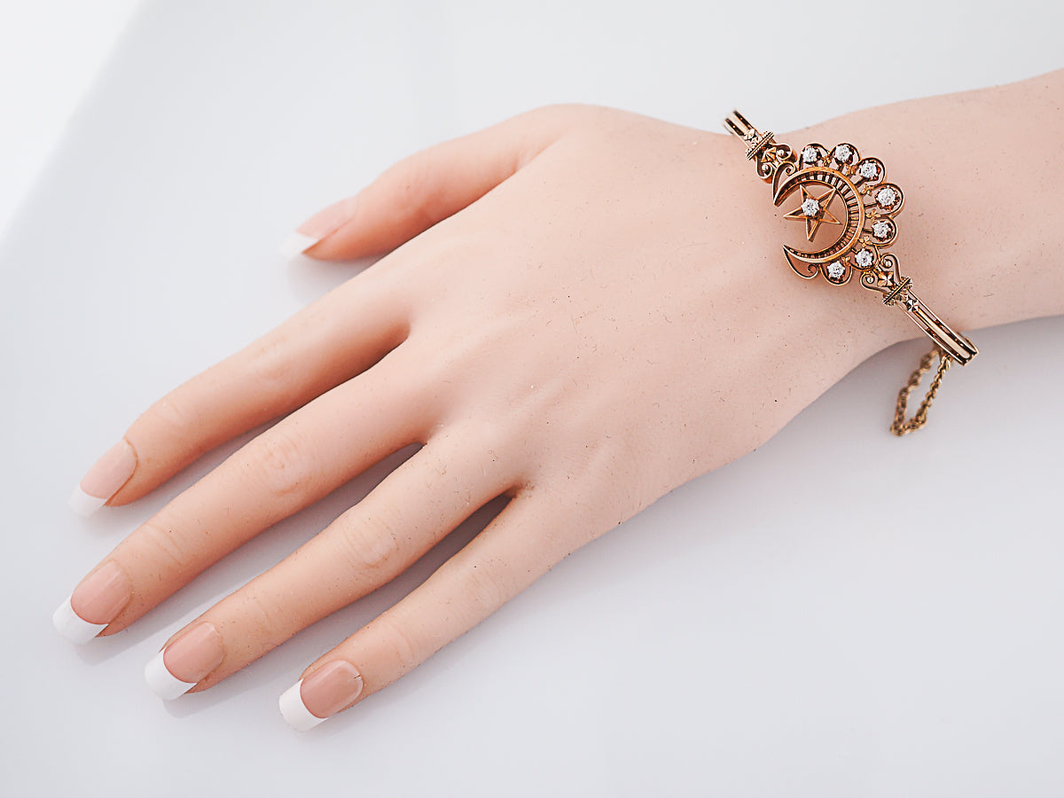 Crescent Moon Bangle Bracelet Victorian .56 Old European Cut Diamonds in 14K Rose Gold