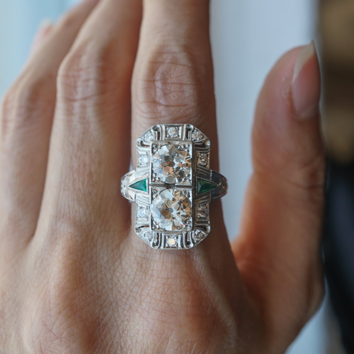 Antique Double Diamond & Emerald Cocktail Ring in Platinum