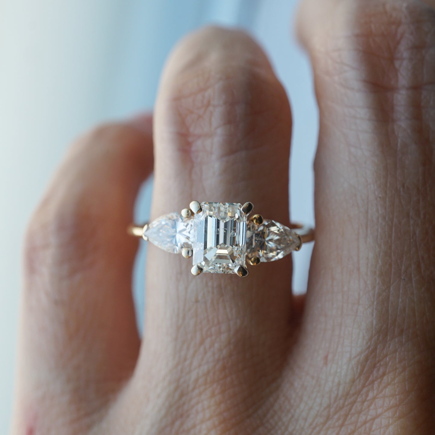 Emerald & Pear Cut Diamond Engagement Ring in 14k Gold