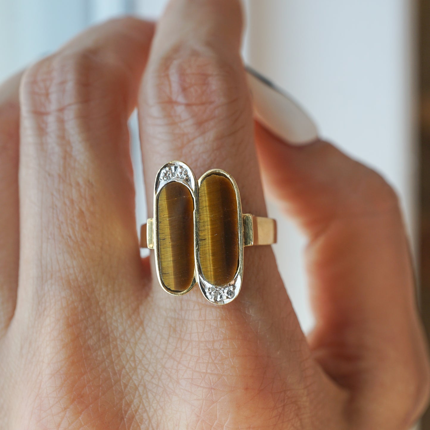 Mid-Century Tiger's Eye Cocktail Ring in 14k Yellow Gold