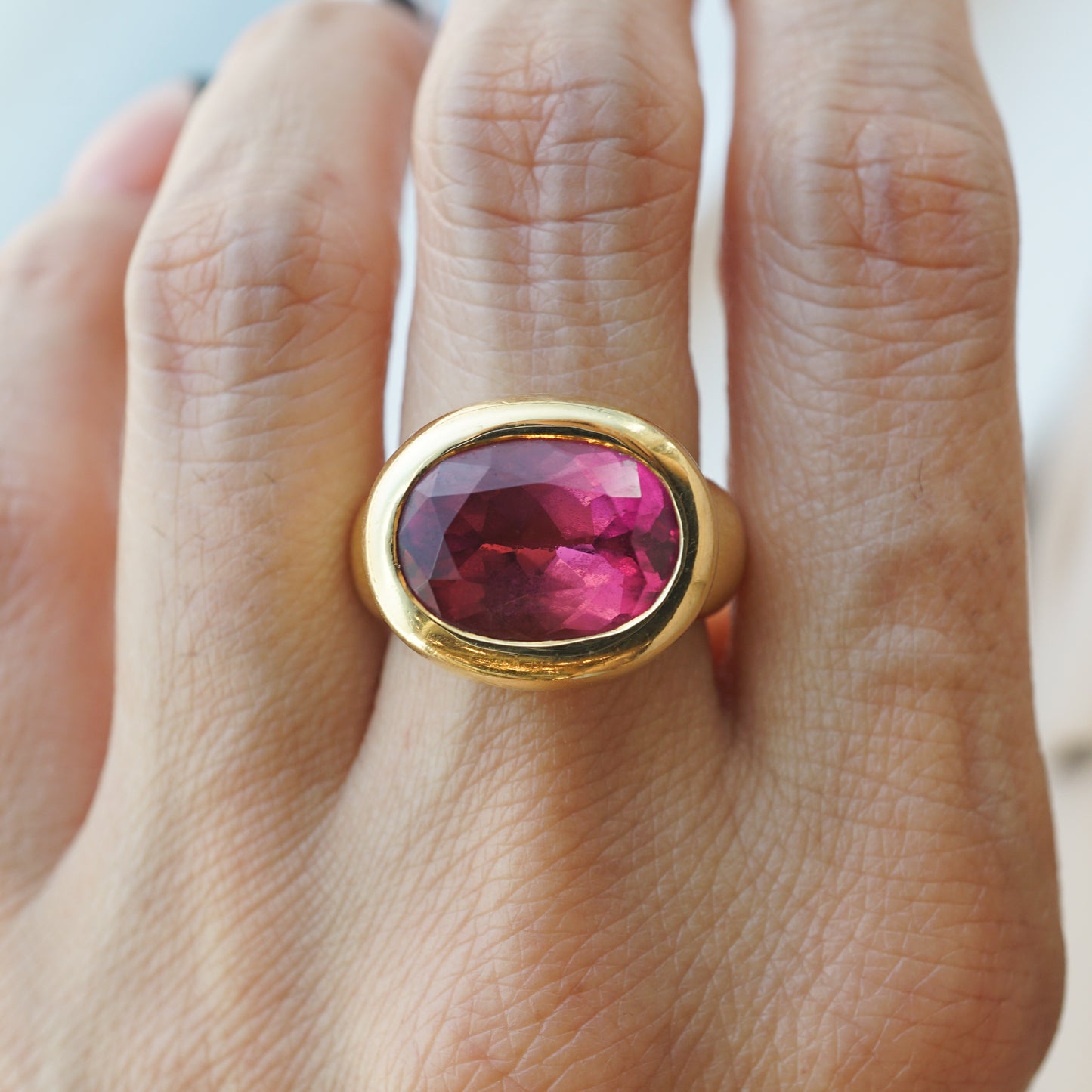 Oval Cut Pink Tourmaline Cocktail Ring in 18k Yellow Gold