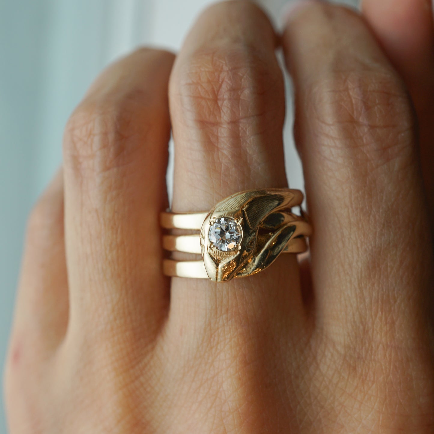 Mid-Century Diamond Head Snake Ring in 14k Yellow Gold
