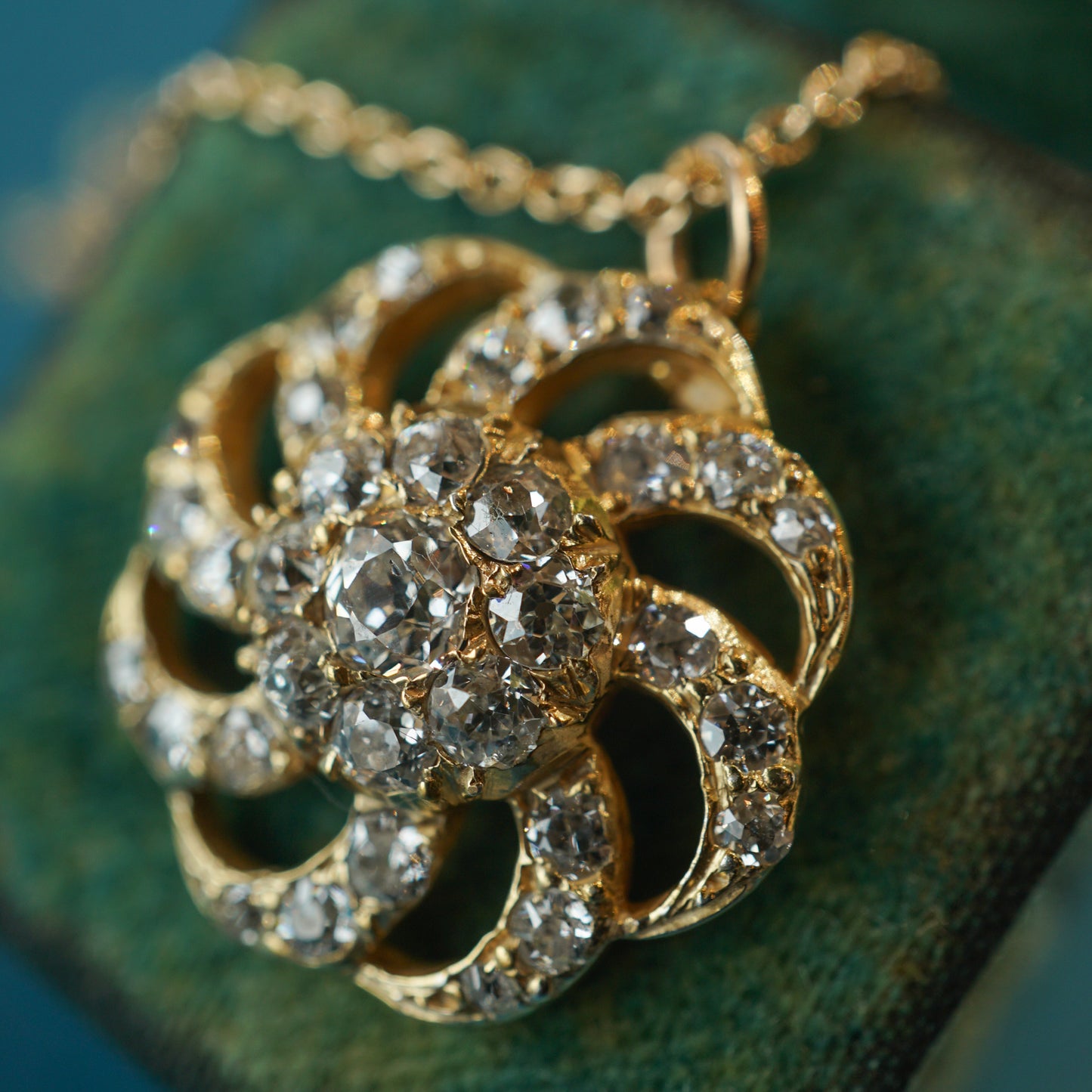 Victorian Diamond Flower Pendant Necklace in 14k Yellow Gold