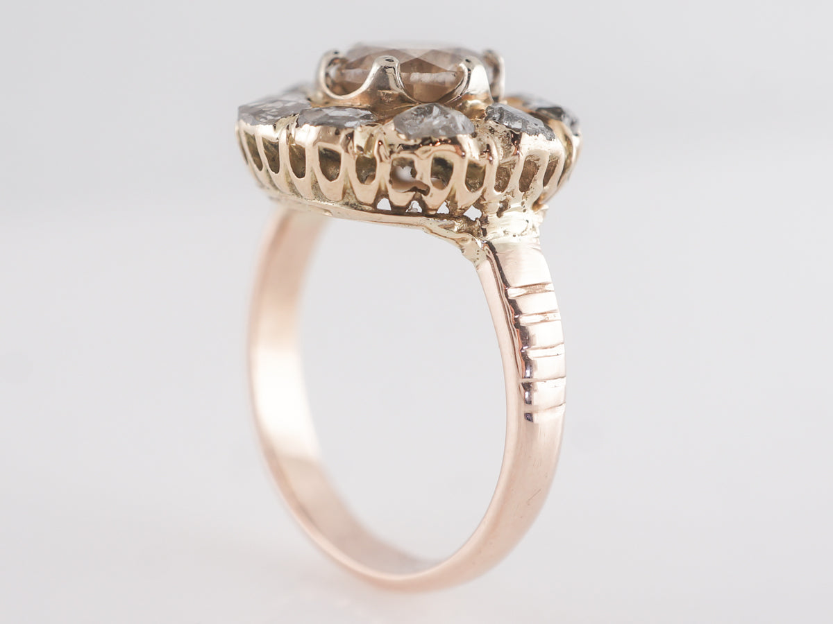 Antique Cocktail Ring Victorian 1.03 Round Brilliant Cut Diamond in 10k Yellow Gold