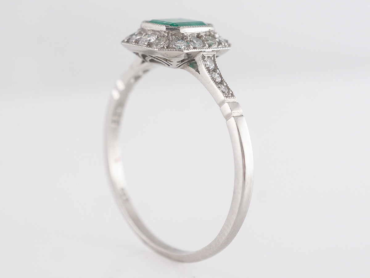 Square Cut Emerald & Diamond Right Hand Ring in Platinum